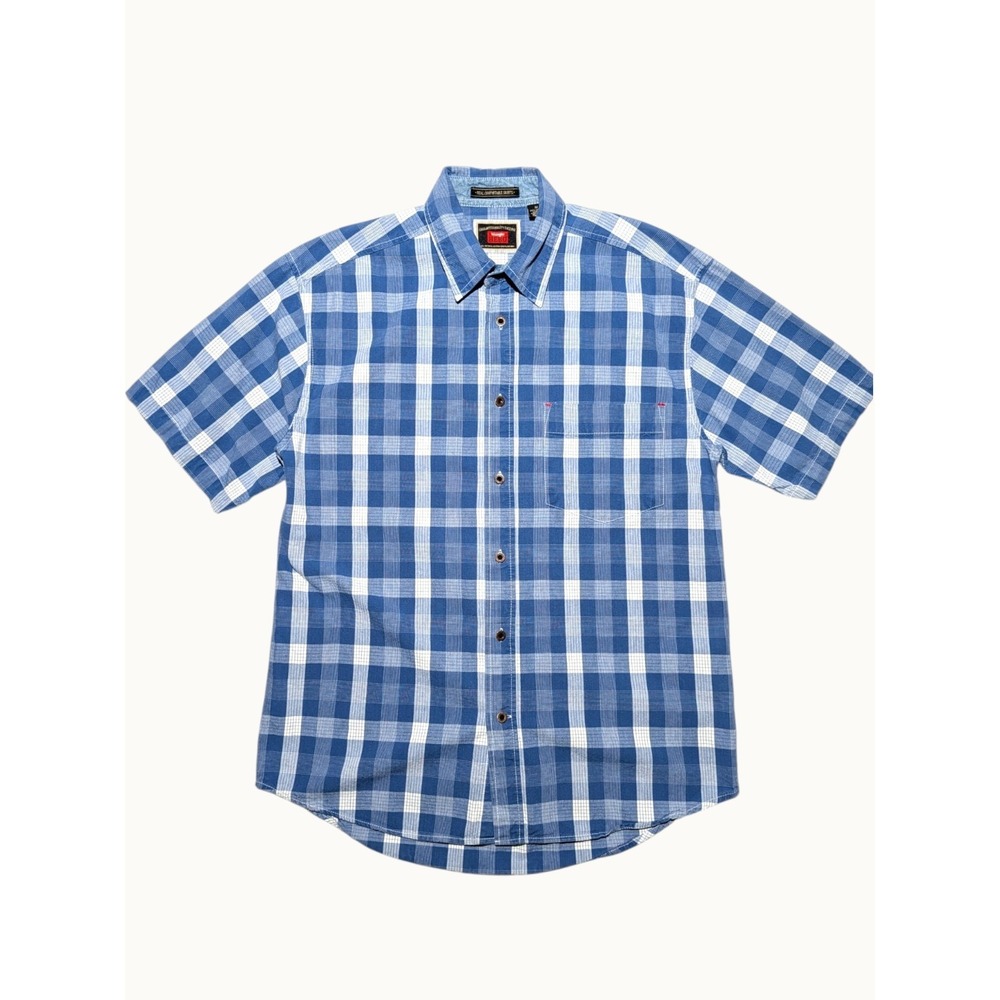 Wrangler Hero Plaid Short Sleeve Button‎ Up Shirt Blue White Cotton M